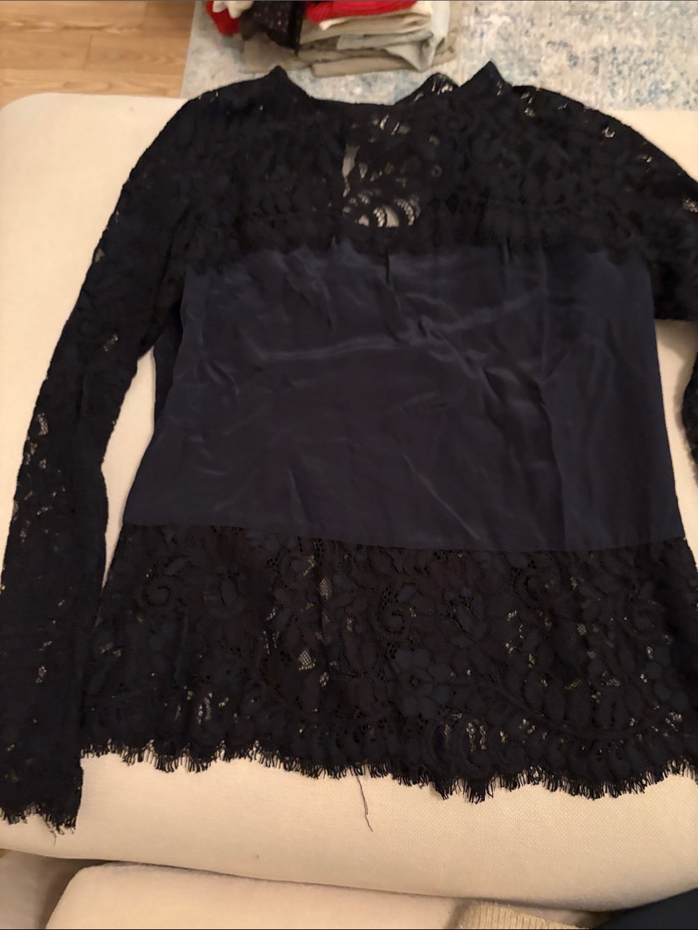 INTERMIX Navy and Black Lace Panel Long Sleeve Blouse